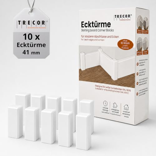 Eckstäbe, Ecktürme, Innenecken Außenecken aus Holz (lackiert) für weiße Sockelleisten, Inhalt: 10 Stück (41 x 16 x 16 mm (E1), weiss)