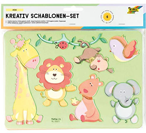 folia 40611 - Kreativ - Schablonen Zoo, 6 Schablonen inklusive Ausmalvorlagen, zum Malen von verschiedenen Tieren, einfache Anwendung mit Buntstiften, Filzstiften und Markern