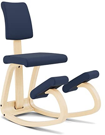 Variable Plus - Ikonischer Kniestuhl mit gepolsterter Rückenlehne - Natur Holz / 100 % recyceltes Polyester, blauer Qualitätsstoff