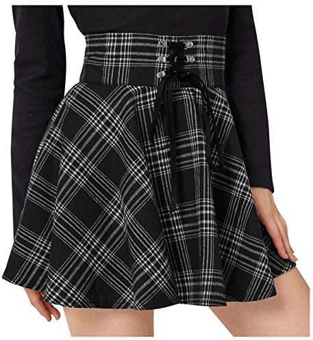 Damen Plaid Glencheck A-Linie Hohe Taille Flare Plissee Mini Schwarz Rock Kleid Mini-Faltenrock, Kariert, Gothic-Stil, Zum Schnüre, Gothic High Waist Flare Short Mini Skater Rock (Schwarz, M)