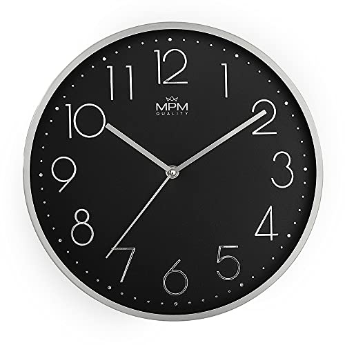 MPM Quality Design Metallic Elegance Wanduhr aus Aluminium, Schwarz, Zahlen mit 3D-Effekt, Quarz-Uhrwerk Sweep, runde Wanduhr modern, Wand-Deko, dekorativ, Heimuhr, Wand, Küche, Büro, Wohnzimmer
