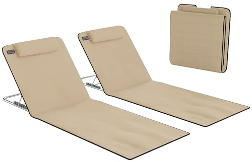 Outsunny Set of 2 Foldable Garden Beach Chair Mat Lightweight Outdoor Sun Lounger Seats Adjustable Back Metal Frame PE Fabric Head Pillow w/Carry Bag, Beige