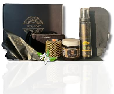 Coffret cadeau soin du corps + BOUGIE OFFERTE savon exfoliant lait huile d’argan 6 pieces hydratation cheveux visage gant gommage corps bien etre cadeau original femme cosmetiques set bain peau satin