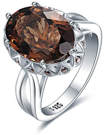 JewelryPalace Huge Oval 5.7ct Genuine Smoky Quartz Cocktail Rings for Her, 14K White Gold Plated 925 Sterling Silver Ring for Women, Natural Gemstone Jewellery Sets Rings Size 10