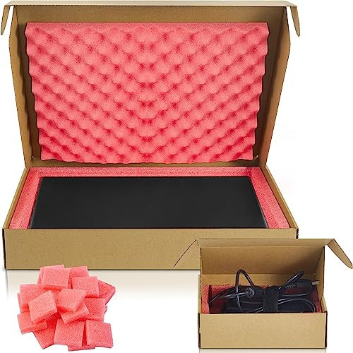 16.7 x 13 x 2.5 Inch Laptop Shipping Box Secure Mailer Box Kraft Mailing Boxes for Laptop Packing Moving with Charger Box, Foam Sheets, Foam Frame, Foam Padding, Fits Most Laptop Screen Sizes (1 Set)