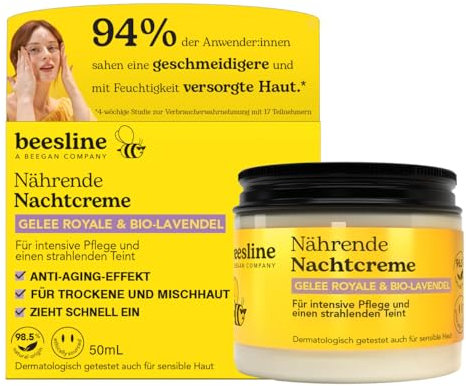 BEESLINE Nourishing Night Cream - Royal Jelly & Organic Lavender, nährende Nachtcreme mit Gelée Royale und Bio Lavendel, Booster für trockene Haut, Feuchtigkeitscreme extra für die Nacht, beegan