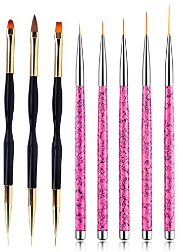8 Pièces Pinceau Nail Art Ongles, 5 Pièces Rose Brosse de Détails d'Ongles, 3 Pièces noir Pinceau à Ongles Pinceau pour DIY Nails Art Paillettes Gel Dessiner, Outils de Manucure