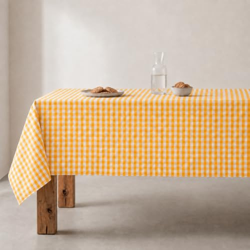 GAMUSI Tischdecke, schmutzabweisend, rechteckig, Vichy-Bild, Baumwolle, wasserdicht, 140 x 300 cm, Gelb