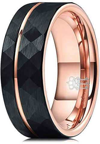 Three Keys Jewelry Mens Tungsten Carbide Unisex Wedding Hammered Bands Rings with Rose Gold Interior & Stripe for Men 8mm Comfort Fit Vintage Black Size 14
