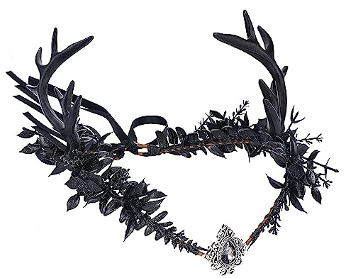 MOSTORY Black Flower Antler Crown - Dark Reindeer Headpiece Gothic Elf Circlet Deer Horns Headband for Women Cosplay Renaissance Goth Wedding Renfaire Accessory