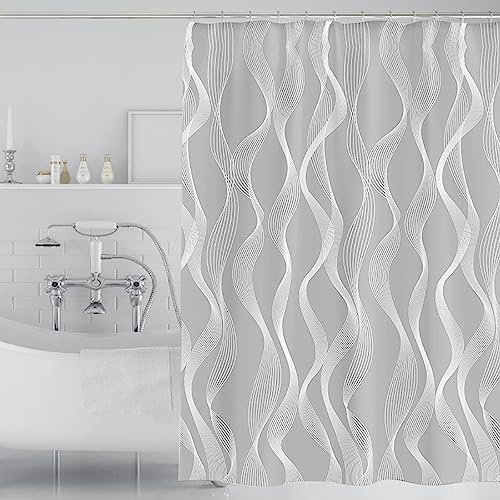 Lkw Ogechi Extra Large Doublure de Rideau de Douche Polyester, 200cm Drop Rideau de Douche Gris Anti-Moisissure Imperméable, Rideau de Douche en Polyester Lavable avec Ourlet Lesté, Motif de Courbe