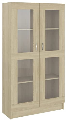 Homgoday Glastür-Bücherschrank, modernes Bücherregal mit 4 Fächern, freistehendes Regal Sonoma-Eiche, 82,5 x 30,5 x 150 cm, Holzwerkstoff für Wohnzimmer, Büro