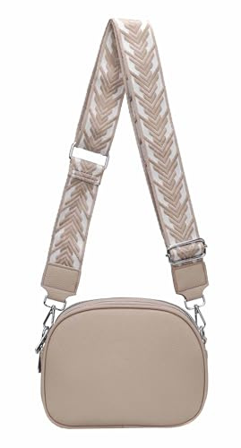 Damen Tasche Crossbody Umhängetasche Gürteltasche Bodybag Schultertasche Crossover Damentasche Kunstleder Handtasche Muster Taschengurt Reise Taupe Gurt mit Muster