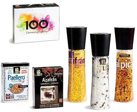 CARMENCITA - Pack Gourmet | Molinillos gigantes Sal y Azafrán | Sal y Trufa | Sal Picante | Hebras de Azafrán | Lata paellero | Especias para cocinar y sal condimentada | Pack 5 | 1061 g