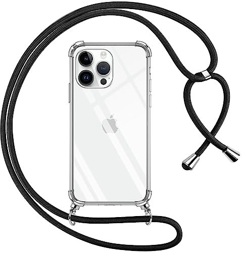 Pnakqil Cover per iPhone 15 Pro Max con Cordino, Trasparente Custodia con Laccio Tracolla Cellulare Girocollo Collana Protettiva per iPhone 15Pro Max, Nero