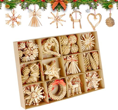 46 x Weihnachten Natur Strohsterne Set,Christbaumschmuck Stroh mit Natürlichen Akzenten,Handgemacht Weihnachtsbaum aus Stroh mit Schöner Box,Natürlicher Weihnachten Strohanhänger für Weihnachtsbaum
