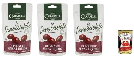 Italian Gourmet Olive nere denocciolate entsteint schwarze Oliven 3 x 70g | Pronte da servire, senza nocciolo; mediterran im Geschmack für Aperitivo, Gesamtnettogewicht 210 g + Kostenlos Polpa 400g