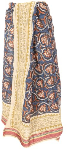 Leichter Pareo Schal, handbedrucktes Baumwolltuch, Lungi, blau/senf | Traditioneller Blockdruck, vielseitig verwendbar, Unisex, leicht zu reinigen, Webbordüre, einzigartiges Design