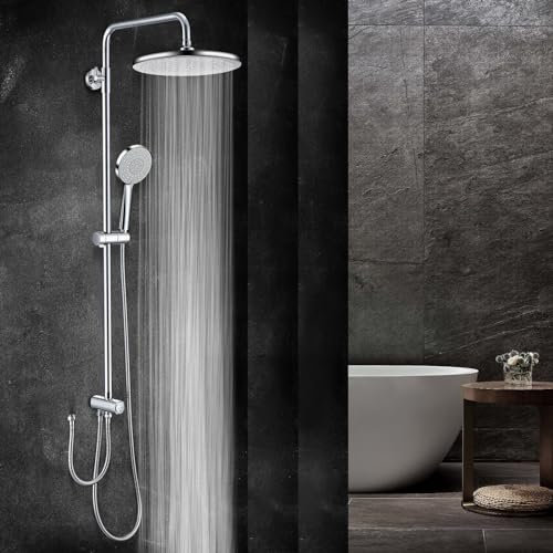 GAOZHI Regendusche Duschsystem Ohne Armatur Edelstahl Duscharmatur Komplettset Set Duschgarnitur mit Runden Kopfbrause 23x23cm und Handbrause 3 Strahlartens Duschkopf Duschset Duschstange 90-120cm