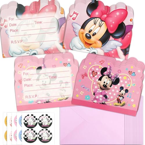 Huanmin Einladungskarten Kindergeburtstag, Mouse Einladungskarten 20 Stück, 2 Stile Anime Einladung Umschlag Aufkleber, Einladungskarte Party für Themenparty Einladung Kindergeburtstag Mädchen Kind