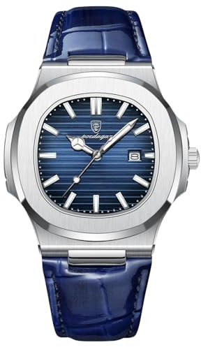 rorios Herren Minimalistic Uhr Analog Quarz Armbanduhr Datum Kalender Leuchtend Uhr Freizeit Edelstahl Herrenuhren mit Leder Armband Silber Blau