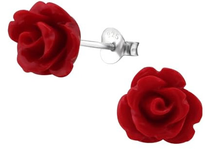 Zenvie Deep Red Rose Sterling Silver Stud Earrings with Gift Box - Romantic Flower Blood