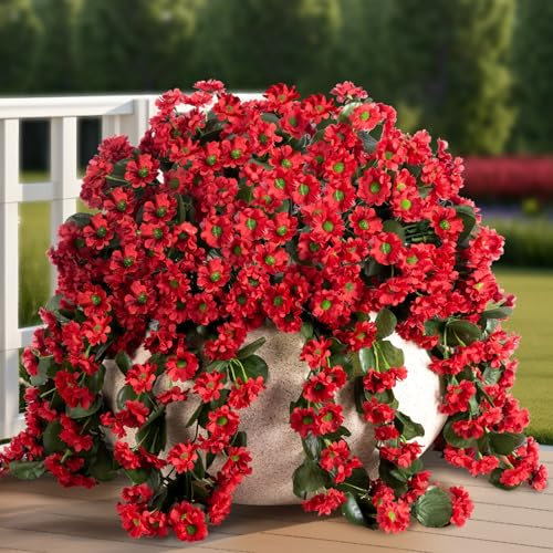 INXUGAO Künstliche Hängeblumen für den Außenbereich, Sommerdekoration, 2 Stück, Kunstseide, Fuchsia, Orchidee, lange Ranken, Strauß, UV-beständig, für Wand, Zuhause, Veranda, Terrasse, draußen (rot)