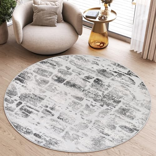 TAPISO Sky Rund Teppich Kurzflor Beige Grau Modern Meliert 200 x 200 cm | Verwischt Design Wohnzimmer Schlafzimmer 3D Optik Abstrakt oeko-tex