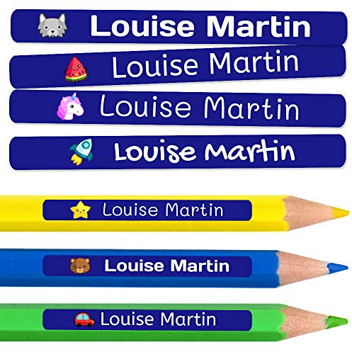 200 personalisierte Klebeetiketten für Bleistifte und Kugelschreiber. Schulaufkleber mit Namen zum Markieren von Gegenständen. Wasserfeste Aufkleber für Schule und Kindergarten Maße 4,6 x 0,6 cm