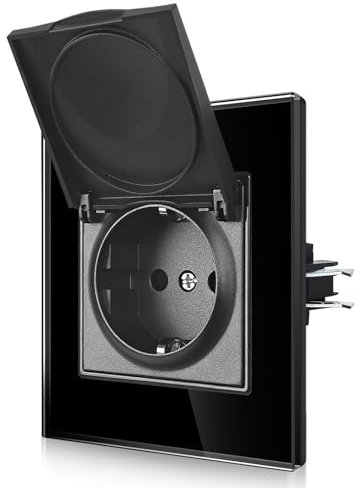 CNBINGO Wasserdicht Einzelsteckdose mit Deckel - Schuko Steckdose mit Krallen - Einzel Wandsteckdose mit Glasscheibe - EU-Standard Steckdose Unterputz mit Klappdeckel - 1 Fach Schwarz