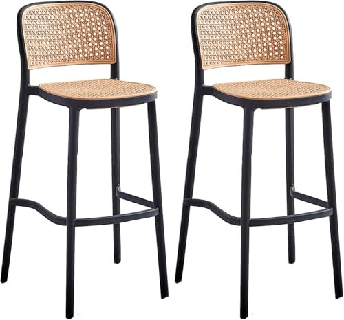 DZYHFCO Rattan-Barstuhl mit Rückenlehne, für drinnen und draußen, Barstuhl, Frühstück, Küche, Theke, Insel, Barhocker, hoher Hocker, Kunststoff, 2-teiliges Set (schwarz, 75 cm)
