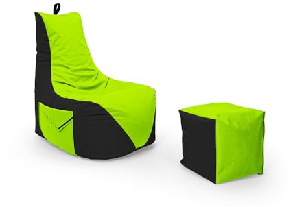Nadimaideal Gamer Sitzsack Komfort XL - XXL für Kinder, Teenager & Erwachsene | Indoor & Outdoor | Sitzsack Gaming | Füllung EPS Perlen (Schwarz - Kiwi, Sitzsack XXL mit Hocker)