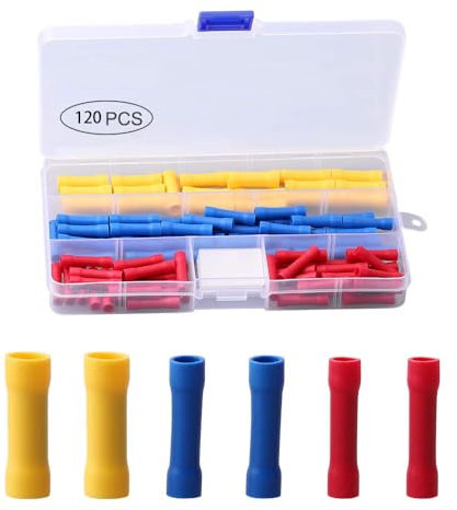 Butt Connector Crimps, 120PCS Straight Electrical Connectors, 0.75mm² - 6mm² Crimp Wire Connectors Assortment, Insulated Cable Connectors, Crimp Butt Splice Connectors (Blue, Red, Yellow)