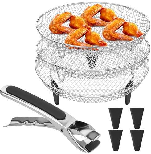 Air Fryer Rack for Ninja Air Fryer 3 Layer Air Fryer Accessories Stainless Steel Dehydrator Rack Stackable Round Air Fryer Basket Versatile Dehydrator Rack Fits 4.2-5.8 QT Air Fryer