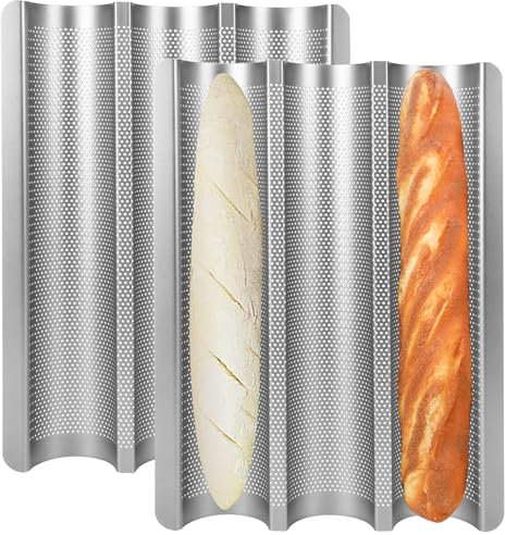 Barlket Baguette Bread Pan Set of 2, Silver Baguette Tray Perforated, Nonstick French Bread Baking Pan 3 Loaves, Oven Baking Gifts for Home Baker