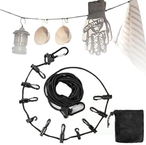5m Reisewäscheleine mit 10 Stück Haken, Wäscheleine Camping, Zubehör für Badezimmer, Waschküche, Garten oder Reise zum Aufhängen Ihrer Campingausrüstung (Schwarz) (Schwarz B)