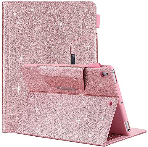 EspZanthic Coque Étui pour iPad 9/8/7 10,2 Pouces (2021/2020/2019, 9ème/8ème/7ème Génération) avec Poche et Porte Pencil, Shiny Cover Intelligente, Pailleté Or Rose