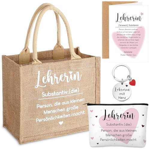 Xuniea Dankeschön Geschenke für Lehrerin Erzieherin Enthält 1 Jute Tragetasche 1 Kosmetiktasche aus Segeltuch 1 Schlüsselanhänger 1 Dankeskarte 1 Kraftpapierumschlag für Abschied Geburtstag