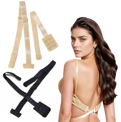 2 Pairs Low Back Bra Converters, Adjustable Women's Bra Extenders, 2 Hook | elastic fibre composite fabric, low back adjustable, fit most bra shades, elastic bra Straps for backless dresses, nude black