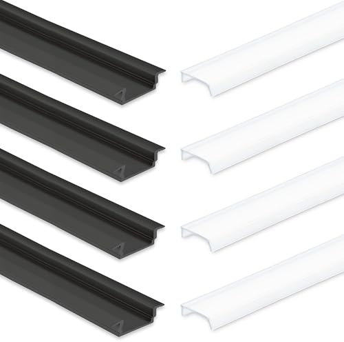 INNOVATE 4x LED Aluminium Profil 2m für LED Streifen bis 12mm Breite Aluprofil Unterputz indirekte Beleuchtung Profil Schwarz Einbauprofil inkl. Diffusor Satiniert