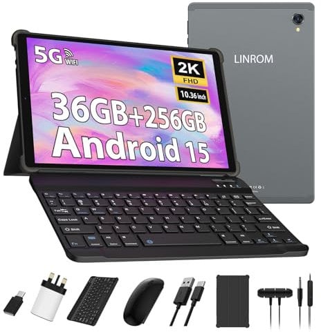 LINROM 2K Tablet 10.4 Inch, Android 15, 36GB RAM+256GB ROM (2TB TF), 5G WiFi, Octa-Core, INCELL 2000 * 1200, 8000mAh, 13MP+8MP, GPS, Tablet with keyboard ect (Gray)