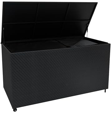 Rattan Garden Storage Serafina Black Box & Waterproof Lining Cover Large Cushion Blanket Tools Toys Furniture Chest 700L Outdoor Patio Deck Steel Frame Weather Resistant Gas Lift Lid Portable Wheels
