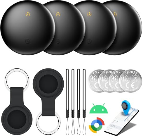 Air Tracker Tags 4er-Pack für Android – Google-zertifizierte Bluetooth Finder mit IP66 Wasserschutz. Ideal für Schlüssel, Gepäck & Haustiere. Inkl. schützender Hüllen (schwarz)
