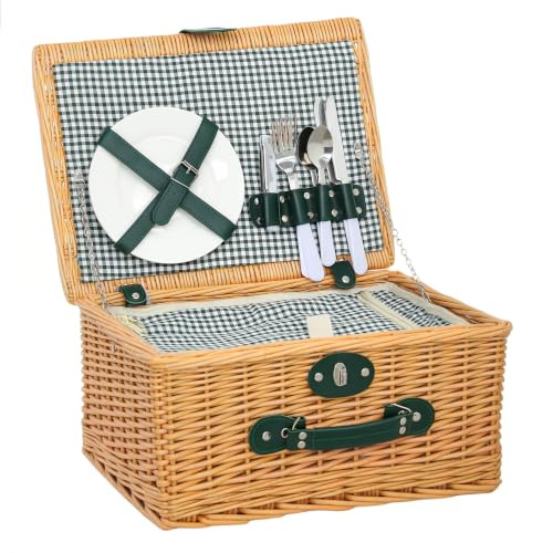 Outsunny Picknickkorb mit Isoliert Kühlfach für 2 Personen Hellbraun | Aus Weidenholz, Besteck Set, Picknick Set, Komplettset Picknickkoffer, für Strand Weihnachten Camping