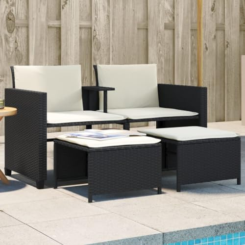 Teenpull Gartensofa 2-Sitzer mit Tisch und Hockern, Schwarz Poly Rattan, UV-beständig, 132 cm Breite, für Garten, Terrasse, Balkon, gemütliches Outdoor-Möbelset