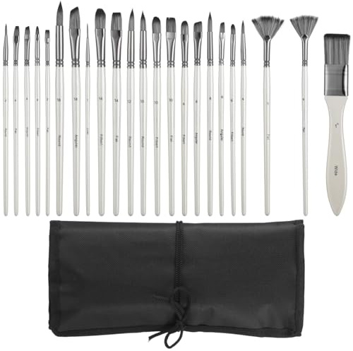 Calolin 24 Pcs Paint Brush Set with Canvas Roll, Nylon Hair Artist Brushes for Acrylic Oil Watercolor Painting, Includes Flat Round Fan