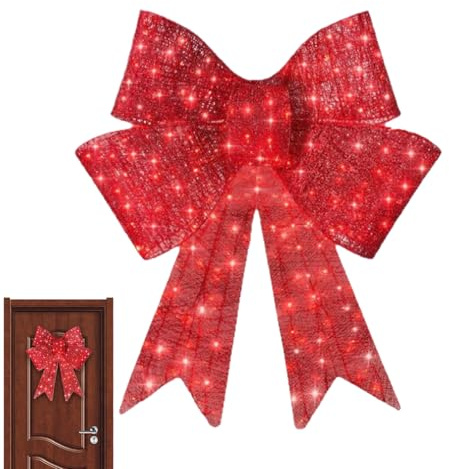 Decoración de lazo de Navidad iluminado de 60 cm, lazos rojos grandes para colgar al aire libre con luces LED, adornos decorativos de Navidad, para interiores y exteriores, puerta delantera, jardín