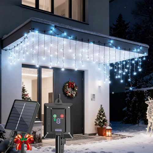 Aigostar Cortina Luces Navidad Exterior Solares - 3M+5M*0.6M, 100 LED, 8 Modos, Luz Blanca Fría - Cortinas Luz Navidad Solar, IP65 para Jardín, Balcón, Fiestas