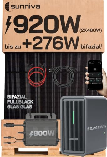 SUNNIVA® 920W Balkonkraftwerk mit 2,24 kWh Speicher Marstek B2500-D & 800W Wechselrichter, BIFAZIAL FULLBLACK komplett Steckdose, PV Solaranlage Komplettset mit Solarspeicher, 2x 460W N-Type Glas-Glas