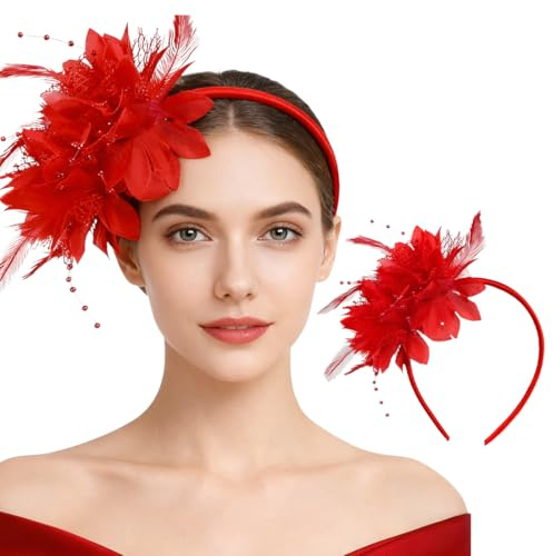 OIXEYA Feder-Stirnband, Kostüm für Karneval, Feder Haarreif mit Künstlichen Blumen, 1920er Fascinator Kopfschmuck für Damen, für Karneval Party Cosplay Hochzeit (Rot)
